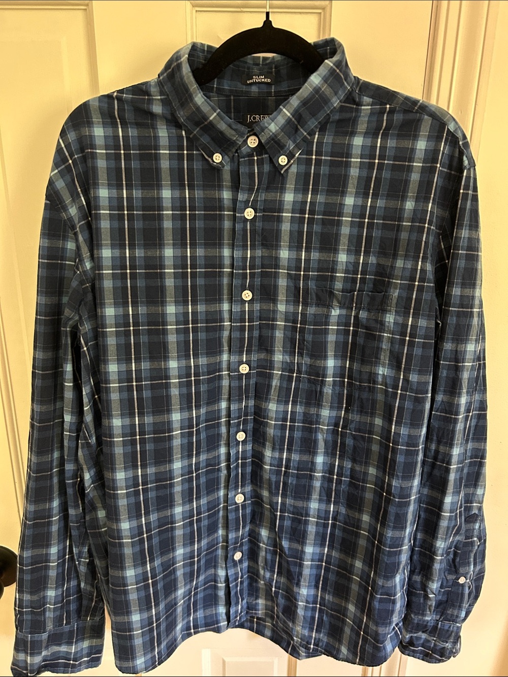 J. Crew Men's Navy and Light Blue Plaid Button-Down Shirt